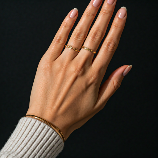 Hands with delicate gold rings and a bracelet